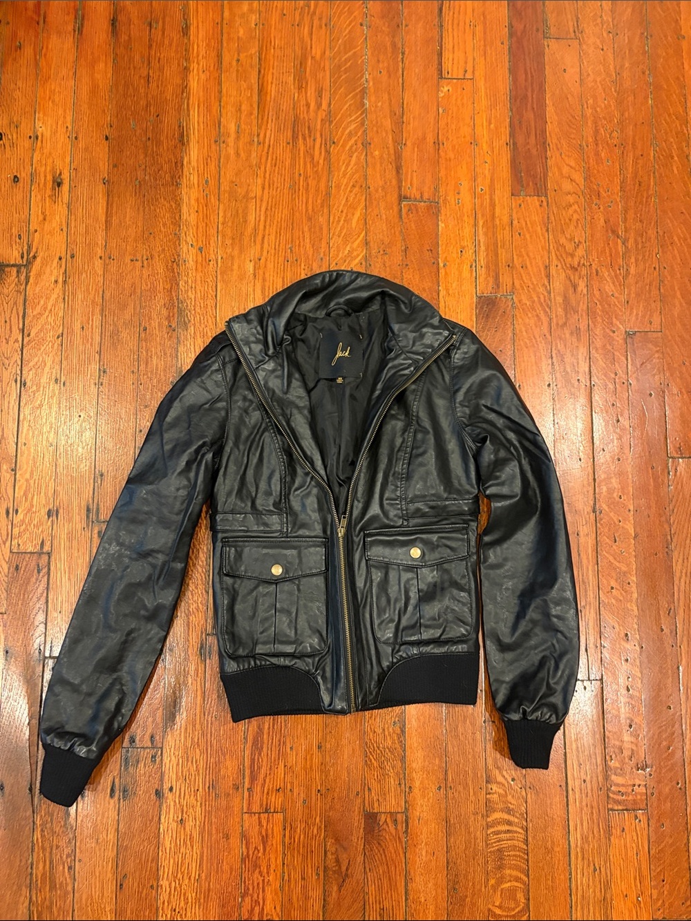 Men's Black Leather Bomber Jacket with Front Pockets